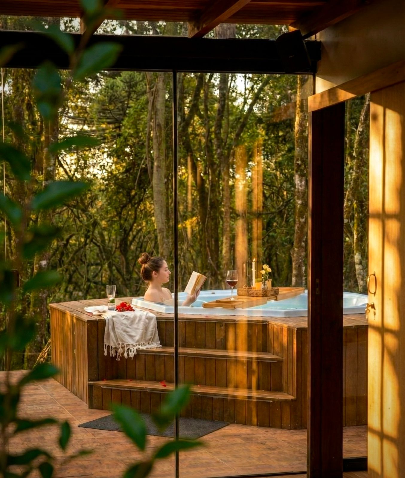 Jacuzzi de 7 lugares no deque envidraçado com vista para a floresta