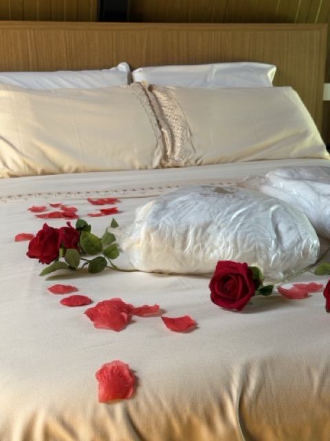 Detalhe das pétalas de rosas sobre a cama