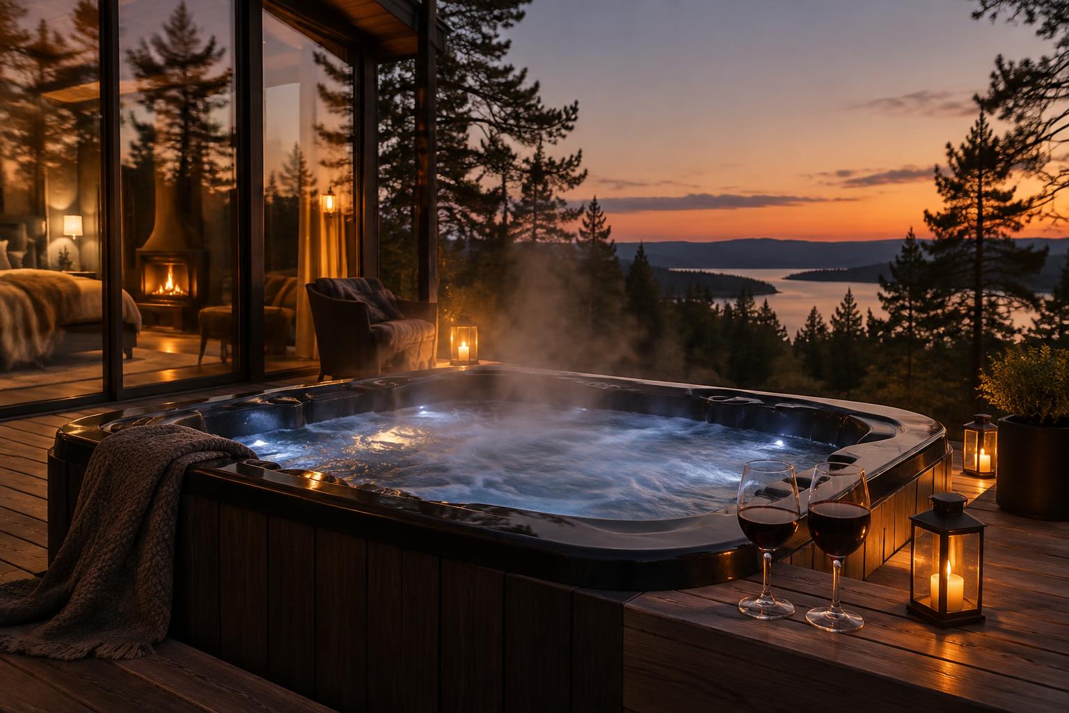 Jacuzzi aquecida para duas pessoas no deck da Cabana Invisível ao anoitecer